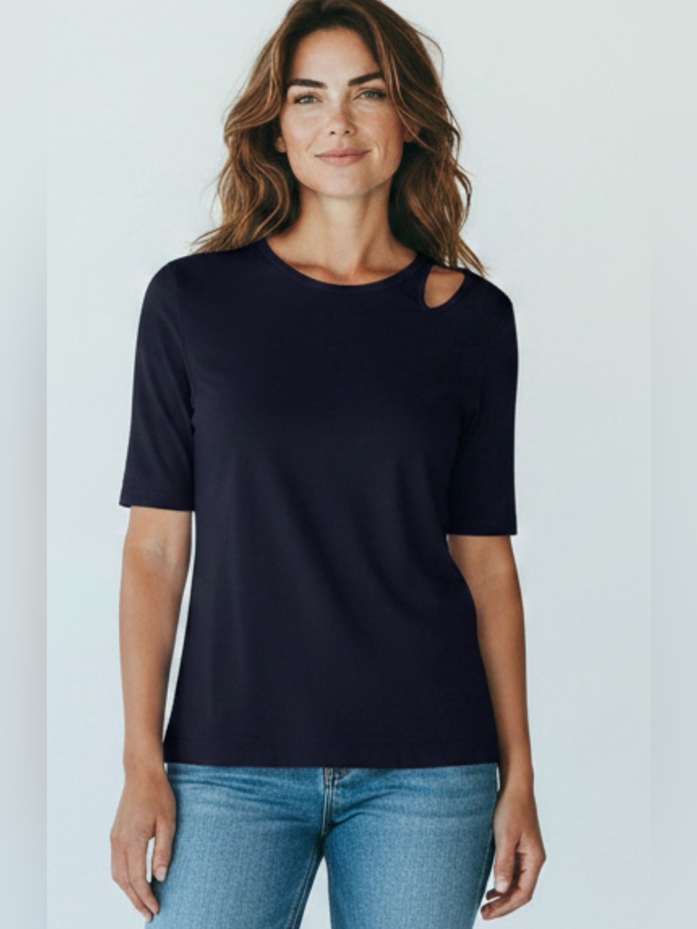 Etcetera Navy Ribbed Button-Shoulder Top size L